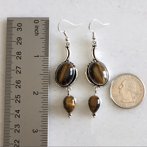 New Tiger’s Eye Gemstone Crystal Dangle Hook Silver Earrings - Picture 5 of 8
